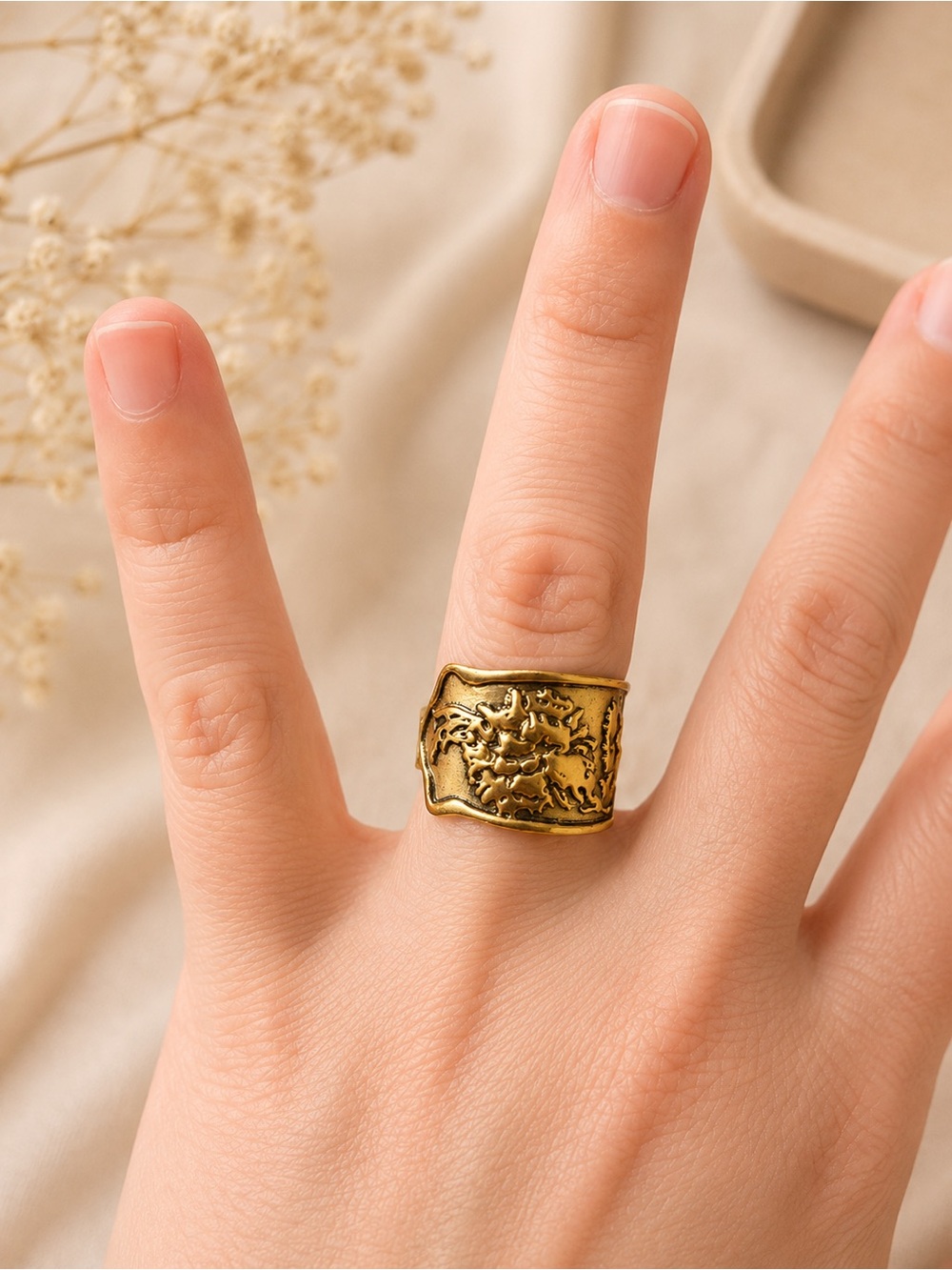 Gold-Tone Wide Dragon Motif Ring - Women's Fashion Jewelry